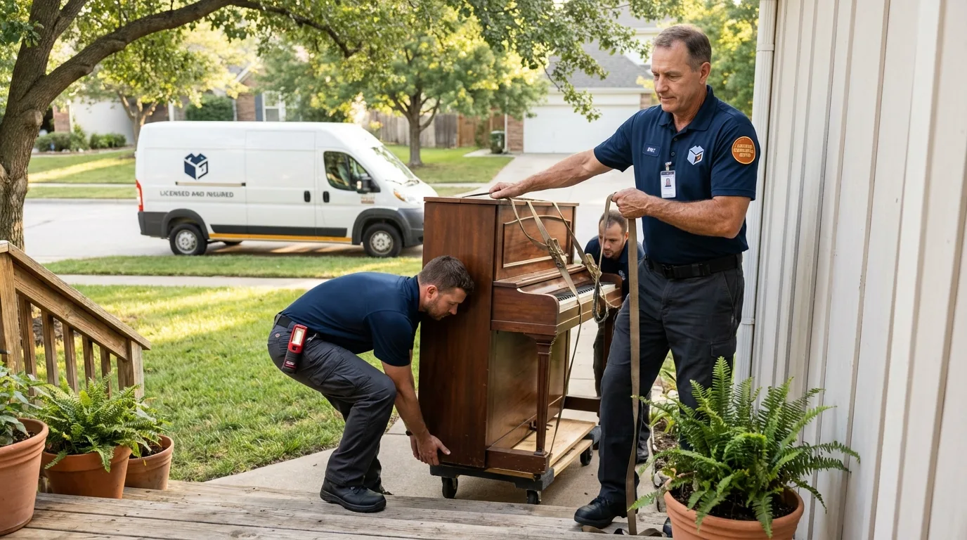 Licensed piano movers securing grand piano in Marcus, IA