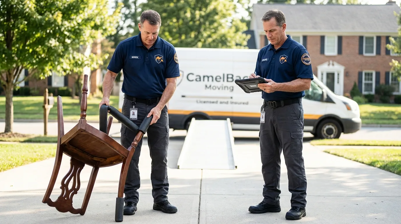 Movers inspecting furniture for damage prevention before loading in Marcus, IA