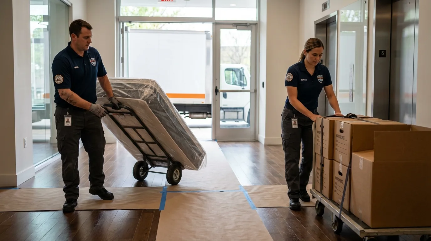 Professional apartment movers loading elevator in Marcus, IA